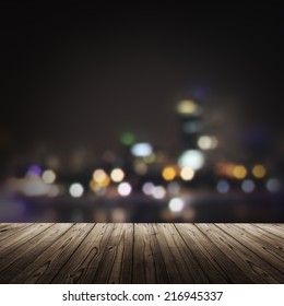 Bokeh Background With Night City And Wooden Deck