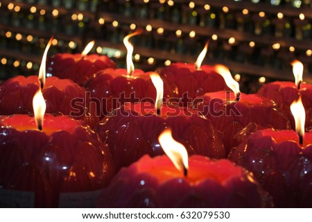 Bokeh, blur background view of thousands Wesak lanterns burning at Buddhist Temple during Wesak day.
