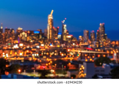 Bokeh And Blurred City Lights Of San Francisco Skyline At Night