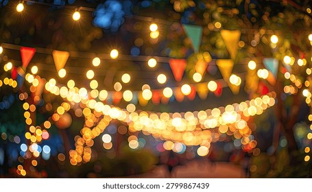 Bokeh effect of warm string lights and colorful triangular bunting flags creating a magical atmosphere for a night celebration.