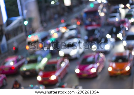 Bokeh of Evening traffic jam on road in city