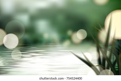 Bokeh lake or pond scene, refreshing nature background with glittering spots and grass  - Shutterstock ID 754524400
