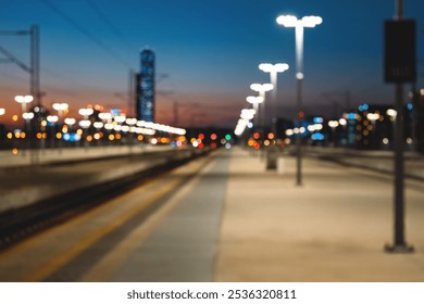 Bokeh of night lights on defocused railway platform in city. - Powered by Shutterstock