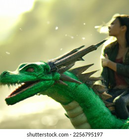 Bokeh photo of girl in green ridding a dragon