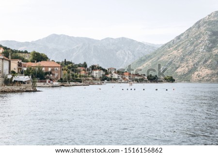 Boko Kotor Bay. Beautiful sea and mountain views of the natural landscape and coastal city in Montenegro.
