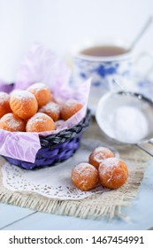 Bola Ubi Or Sweet Potato Balls, Is Indonesian Traditional Snack And Street Food, Dusted With Confectioners Sugar