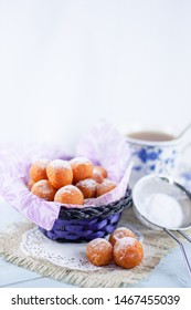 Bola Ubi Or Sweet Potato Balls, Is Indonesian Traditional Snack And Street Food, Dusted With Confectioners Sugar