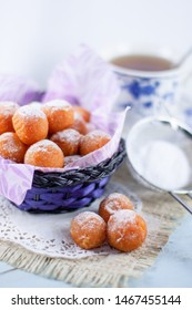 Bola Ubi Or Sweet Potato Balls, Is Indonesian Traditional Snack And Street Food, Dusted With Confectioners Sugar