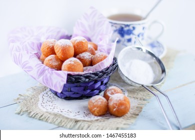 Bola Ubi Or Sweet Potato Balls, Is Indonesian Traditional Snack And Street Food, Dusted With Confectioners Sugar