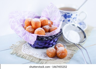 Bola Ubi Or Sweet Potato Balls, Is Indonesian Traditional Snack And Street Food, Dusted With Confectioners Sugar