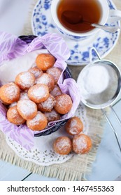 Bola Ubi Or Sweet Potato Balls, Is Indonesian Traditional Snack And Street Food, Dusted With Confectioners Sugar