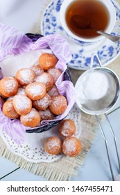 Bola Ubi Or Sweet Potato Balls, Is Indonesian Traditional Snack And Street Food, Dusted With Confectioners Sugar