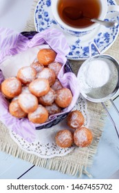 Bola Ubi Or Sweet Potato Balls, Is Indonesian Traditional Snack And Street Food, Dusted With Confectioners Sugar