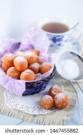 Bola Ubi Or Sweet Potato Balls, Is Indonesian Traditional Snack And Street Food, Dusted With Confectioners Sugar