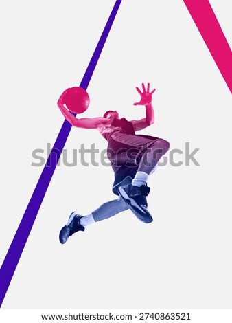 Bold composition basketball player performing slam dunk in duotone. Concept of urban sport promotion, street culture branding, tournament posters and athletic apparel advertising.