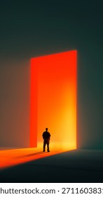 Bold composition. Man facing giant glowing red portal in moody minimal hall. Concept of digital transformation, branding identity, strategic decision themes, immersive future design.