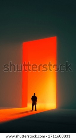 Bold composition. Man facing giant glowing red portal in moody minimal hall. Concept of digital transformation, branding identity, strategic decision themes, immersive future design.