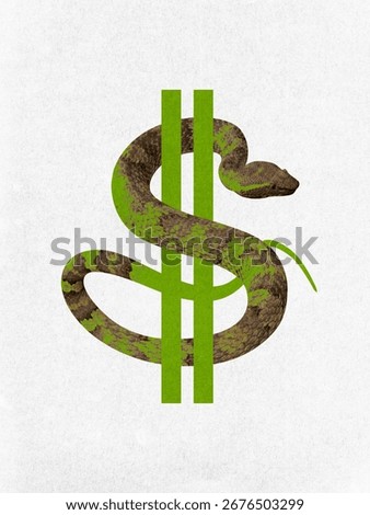 Bold composition. Snake wrapped around green dollar symbol on white background. Concept of financial danger, corruption, greed, economic risk, and predatory practices.
