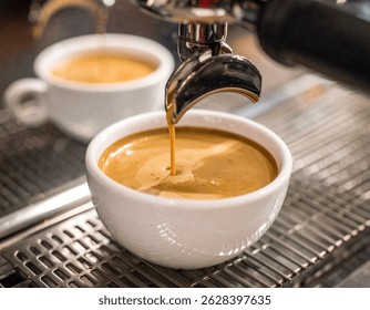 A bold double shot of espresso fills the cup, its creamy surface glistening under the light