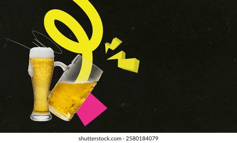A bold and dynamic collage featuring two beer glasses with abstract yellow and pink graphic elements on a dark textured background. A modern and energetic design, ideal for bar branding