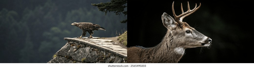 Bold eagle and graceful deer captured in a serene natural setting, highlighting wildlife's elegance.
