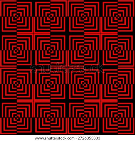 A bold geometric pattern featuring repeating red and black square optical illusions. The design showcases concentric lines arranged in a grid layout, creating a striking visual effect with a modern, abstract, and hypnotic style. Perfect for backgrounds, wallpapers, graphic design projects, textiles, and contemporary digital art themes.