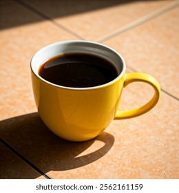 A bold, high-contrast image of a steaming cup of black coffee in a bright yellow mug, set against a minimalist white background - Powered by Shutterstock