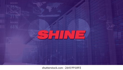 Bold red SHINE shining in data center corridor, with server racks, envelope icons and data overlays. Technology, cybersecurity, digital, innovation, network, infrastructure, futuristic