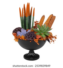 A bold succulent arrangement in a black pedestal bowl, featuring orange-tipped sansevieria, dried lotus pods, corn, moss, and berries, creating an autumn-inspired display. - Powered by Shutterstock