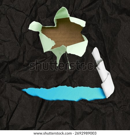 Bold visually striking and exceptionally creative abstract geometric background texture featuring deeply crumpled and aggressively torn pitch black craft paper powerfully revealing brilliant solid vibrant layers of cyan blue and neon green hiding underneath creating an incredibly dynamic minimalist commercial graphic design layout template loaded with empty blank copy space flawlessly suited for innovative pop art advertising bold corporate branding edgy contemporary geometric art presentations or playful educational marketing requiring an energetic aesthetic