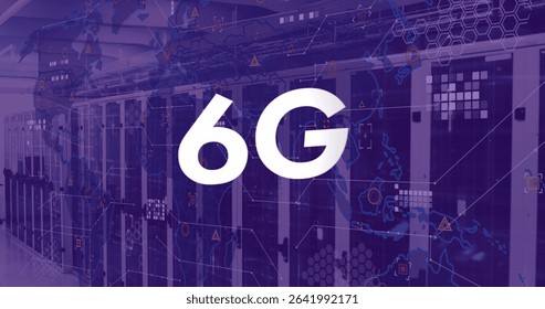 Bold white 6G overlay glowing over server racks in high-tech data center hall, with network cables. Technology, network, cyber, innovation, digital, connectivity, futuristic - Powered by Shutterstock - Get 15% off with code: PIKWIZARD15