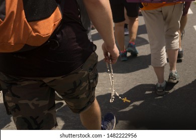 Boleslawiec, Poland, July 2019, Unidentified Pilgrims Pray With A Rosary On A Pilgrimage To Czestochowa, Poland, Summer 2019