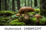 Boletus mushrooms growing in green moss covered forest.