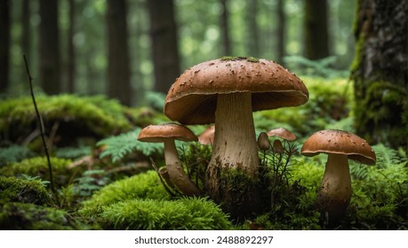 Boletus mushrooms growing in green moss covered forest.