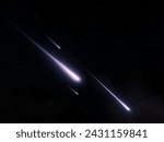 Bolides in the dark starry sky. Shooting stars isolated on black background. Meteors entered the atmosphere of our planet.