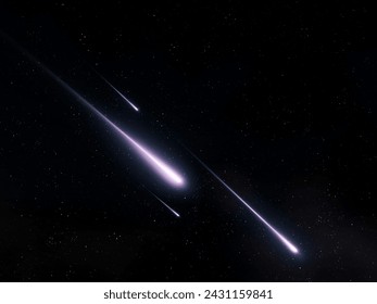 Bolides in the dark starry sky. Shooting stars isolated on black background. Meteors entered the atmosphere of our planet.