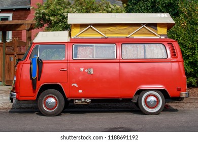 Bolinas, California - August 20, 2018: Vintage Volkswagen Camping Van With Wetsuit Hanging From Window Parked Near Popular Surfing Beach