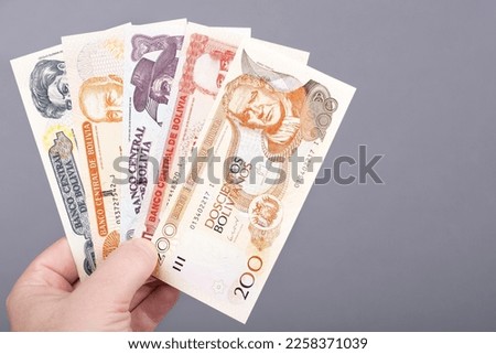 Bolivian money - Bolivianos in the hand on a gray background