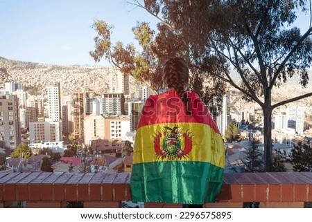 Bolivian woman covered with her national flag, Bolivia national festivities of August 6