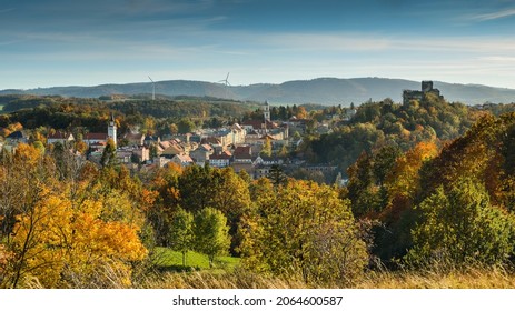 Bolkow, Lower Silesia, Poland - 10-24-2021: Bolkow Town And Castle Panorama In Autumn Sunny Day.