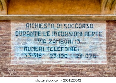 Bologna, Italy - 09 07 2020: Commemorative inscription to remember the bombings of Bologna during the Second World War