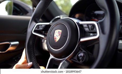 BOLOGNA, ITALY - AUGUST, 2020: Porsche 718 Cayman Interior View. Porsche Is A German Automobile Manufacturer Specializing In High-performance Sports Cars, SUVs And Sedans Founded In 1931.