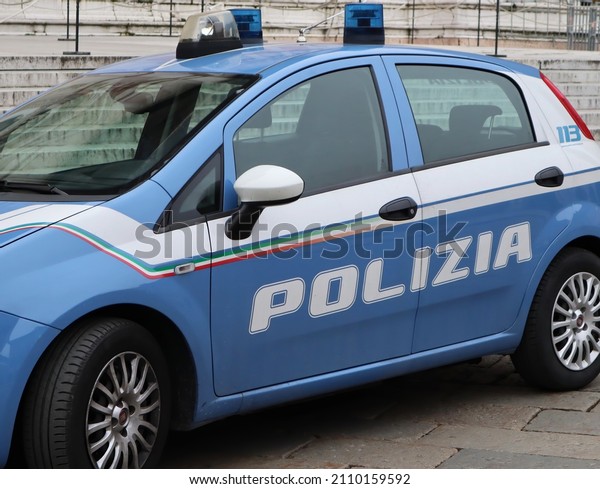 Bologna – Italy -\
December 30, 2021: Italian Polizia car, Police car, in historic\
center of Bologna.\
Italy