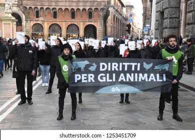 Bologna, Italy - December 9 2018: Demonstration For Animal Rights In Rizzoli's Street. The Protesters Cover Half Of The Face With An Animal Design