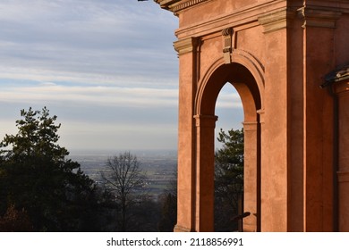 BOLOGNA, ITALY - JAN 12 2022 Sanctuary of San Luca with Bologna hills and mountains in background