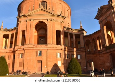 BOLOGNA, ITALY - JAN 12 2022 Facade of San Luca Sanctuary in Bologna during winter sunset