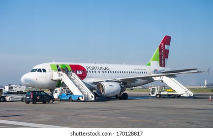 BOLOGNA, ITALY - JANUARY 1, 2014: Boarding on TAP airplane in Bologna airport. TAP Portugal, founded 1945, is the national airline of Portugal with 80 destinations in 36 countries across the world.