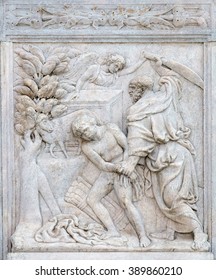 BOLOGNA, ITALY - JUNE 04: Abraham Sacrificing Isaac, relief on portal of Saint Petronius Basilica in Bologna, Italy, on June 04, 2015