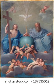 BOLOGNA, ITALY - MARCH 17, 2014: Holy Trinity paint from baroque church Chiesa Corpus Christi. 