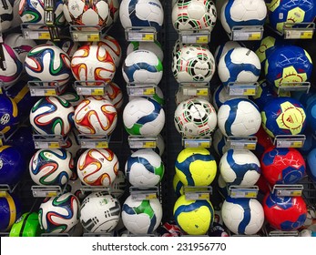 BOLOGNA, ITALY - NOVEMBER 19, 2014: Colorful Soccer Balls Inside Decathlon Sport Store. Decathlon Is The Largest Sporting Goods Reseller, Founded In 1976.